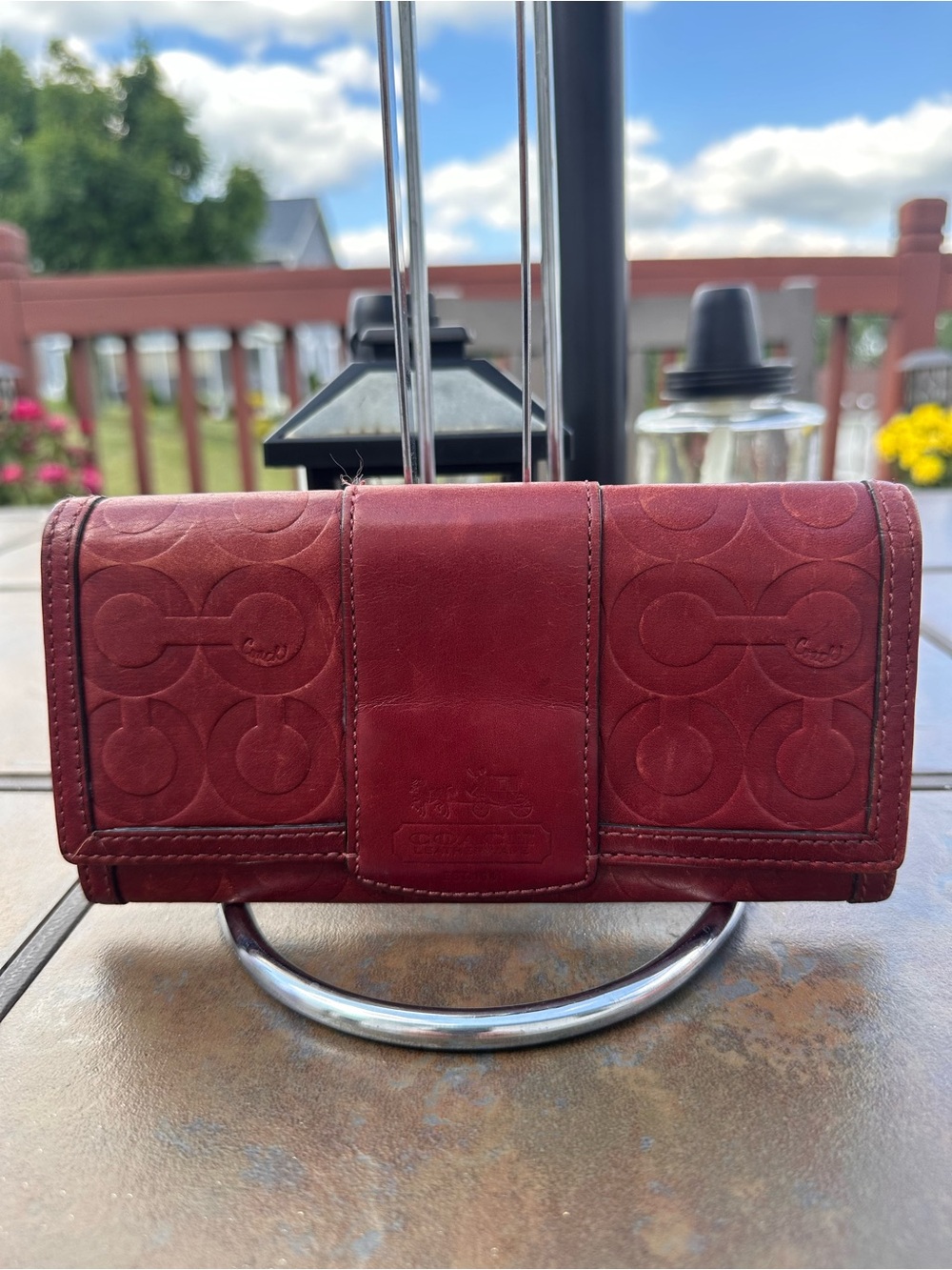 Coach Signature Embossed Burgundy Leather Flap Wallet Vintage